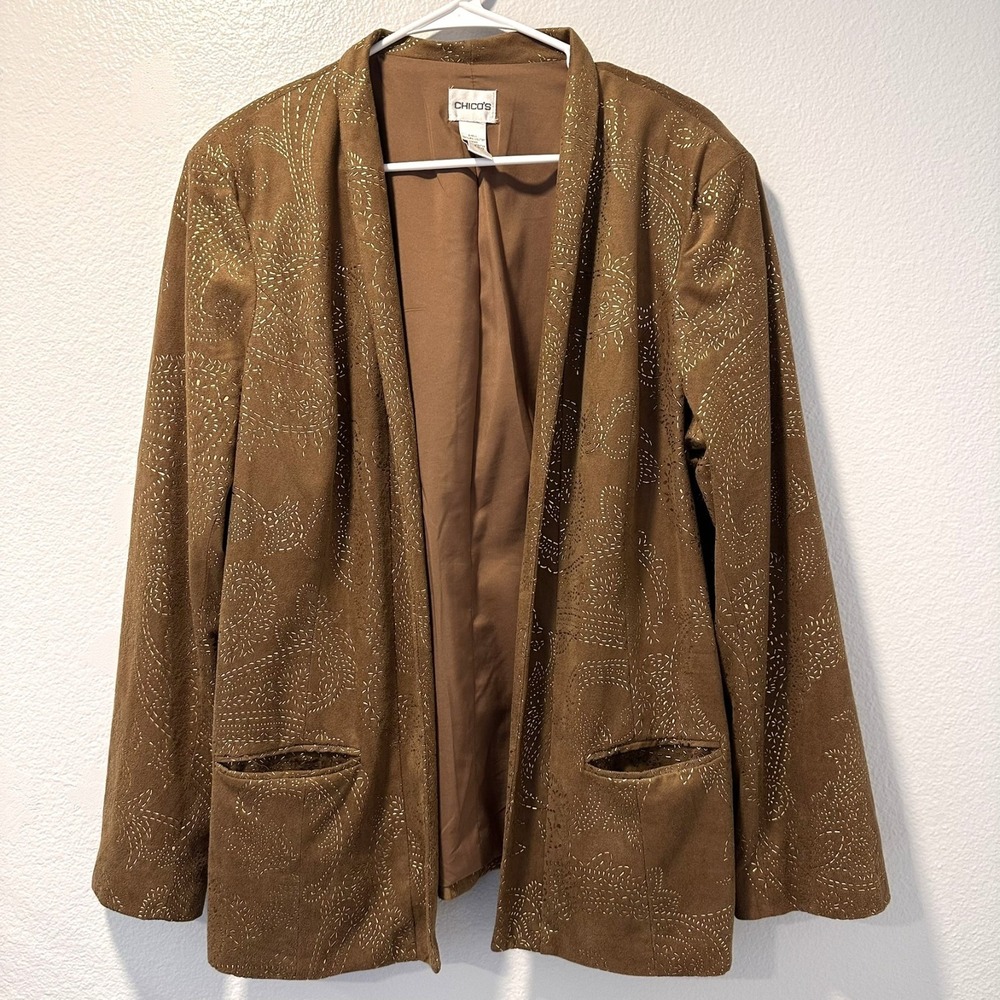 Chico's‎ Size-3 Brown Faux Suede Open Front Blazer Gold Studded Paisley Jacket